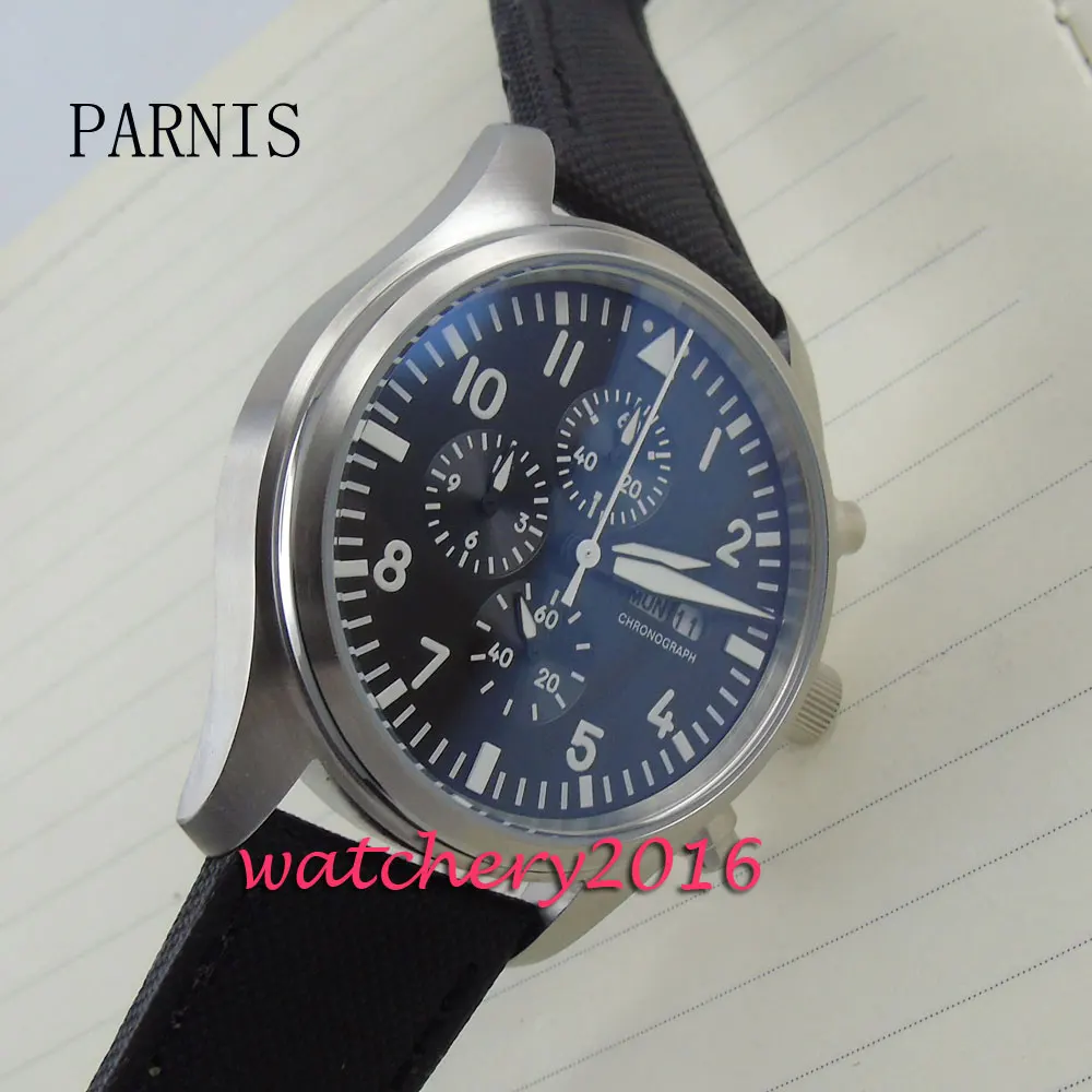 

42mm Parnis black dial Leather strap luminous markers date adjust full Chronograph quartz movement Men's business Watch