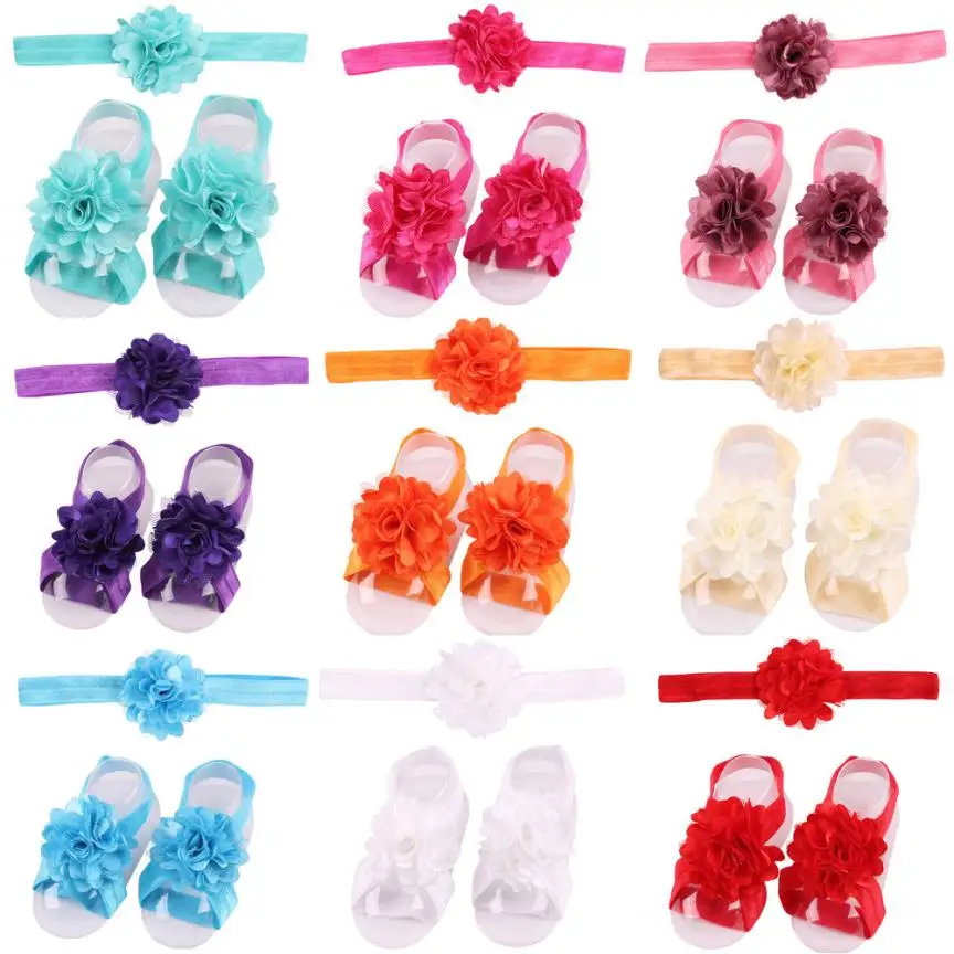 

Yundfly 3pcs/set Baby Girls Newborn Flower Headband with Satin Flower Barefoot Sandal Shoes Set Children Accessories Photo Prop