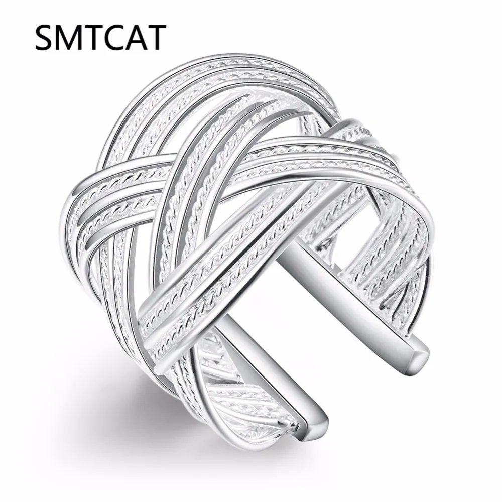 

SMTCAT New Silver Color Ring for Women Weaved Design Anillos Cocktail Party Ring Adjustable Brand Jewelry bague 925 Bijoux femme