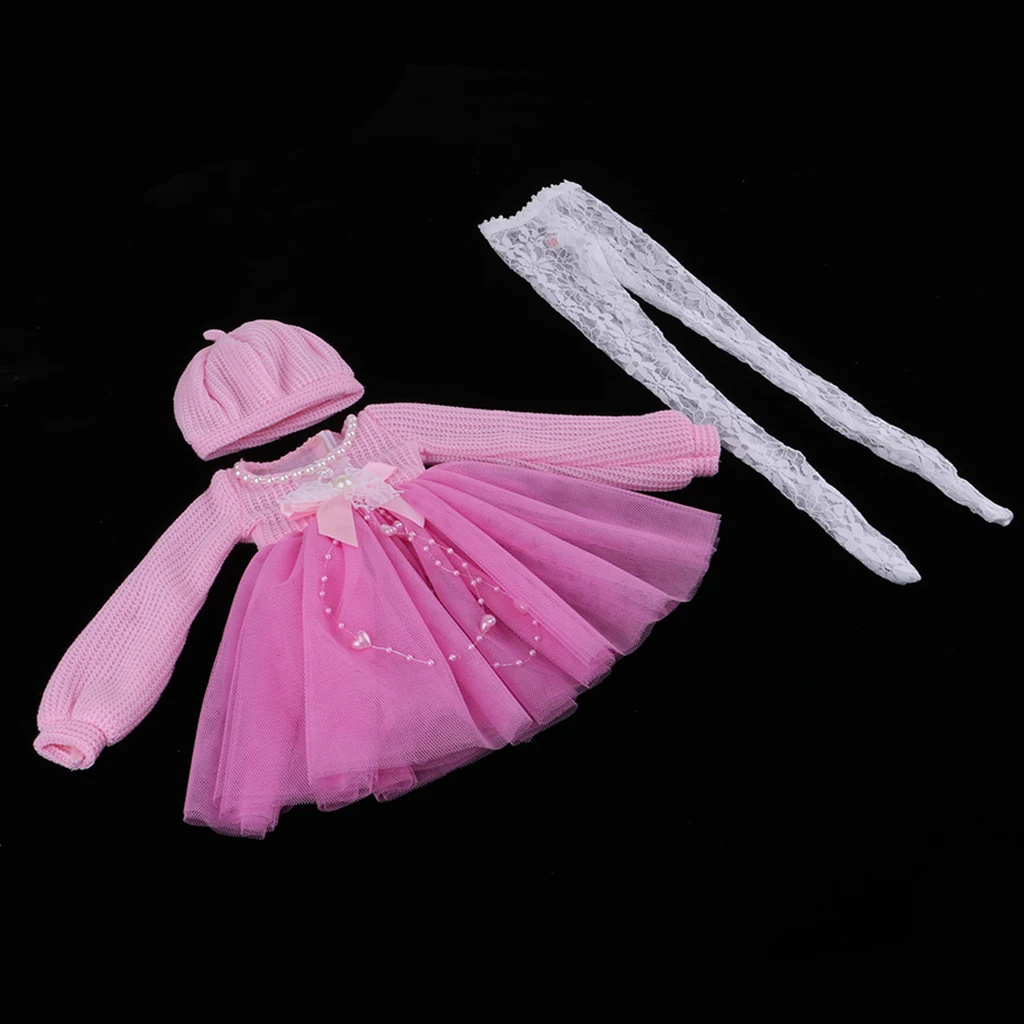 Fashion Sweater Gauzy Dress with Beret Lace Stockings for 1/3 BJD 60cm Dolls Accs Pink