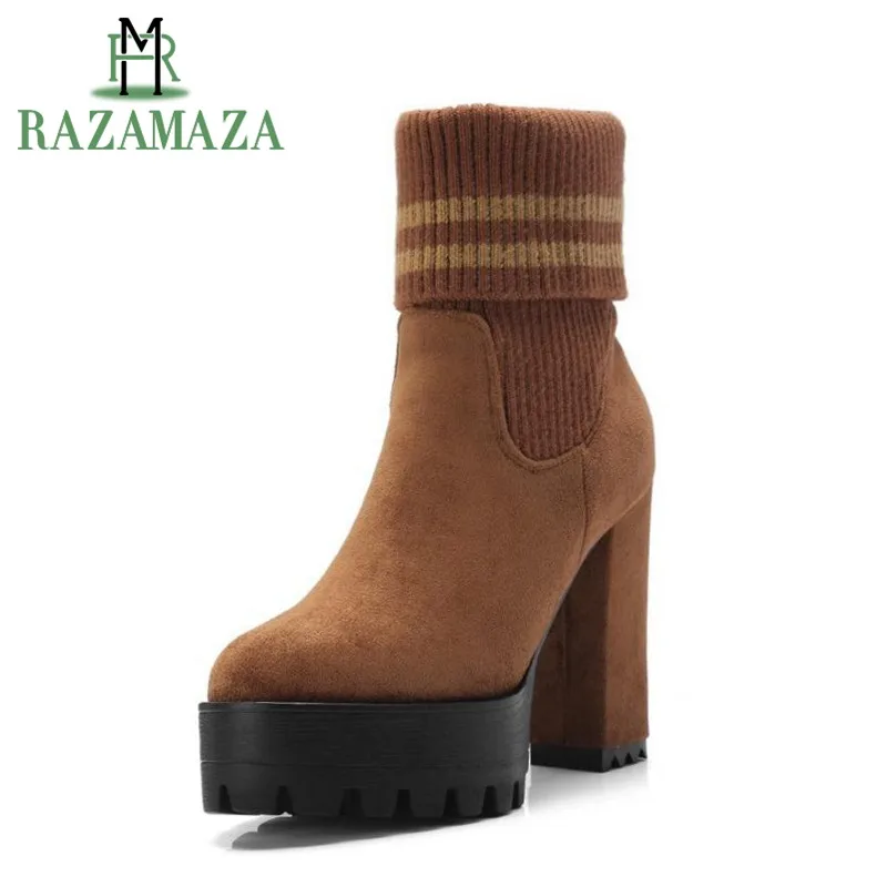 

RAZAMAZA Women Winter Mid Calf Boots Platform Warm Shoes Woman Patchwork Elastic Knitting Round Toe High Heel Boots Size 32-42