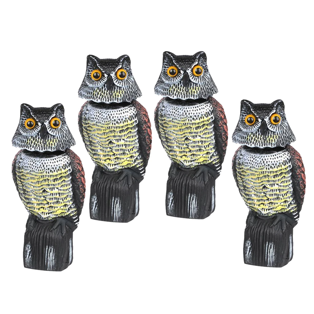 Large Realistic Owl Decoy w/ Rotating Head Bird Pigeon Crow Scarer Scarecrow, Pack of 4