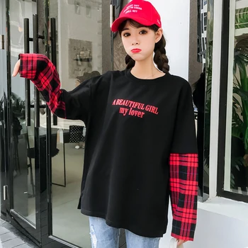 

oversized Letter Printed long Sleeve T-shirts Harajuku vintage Loose Causal tops autumn plaid stitching fake two pieces t shirt