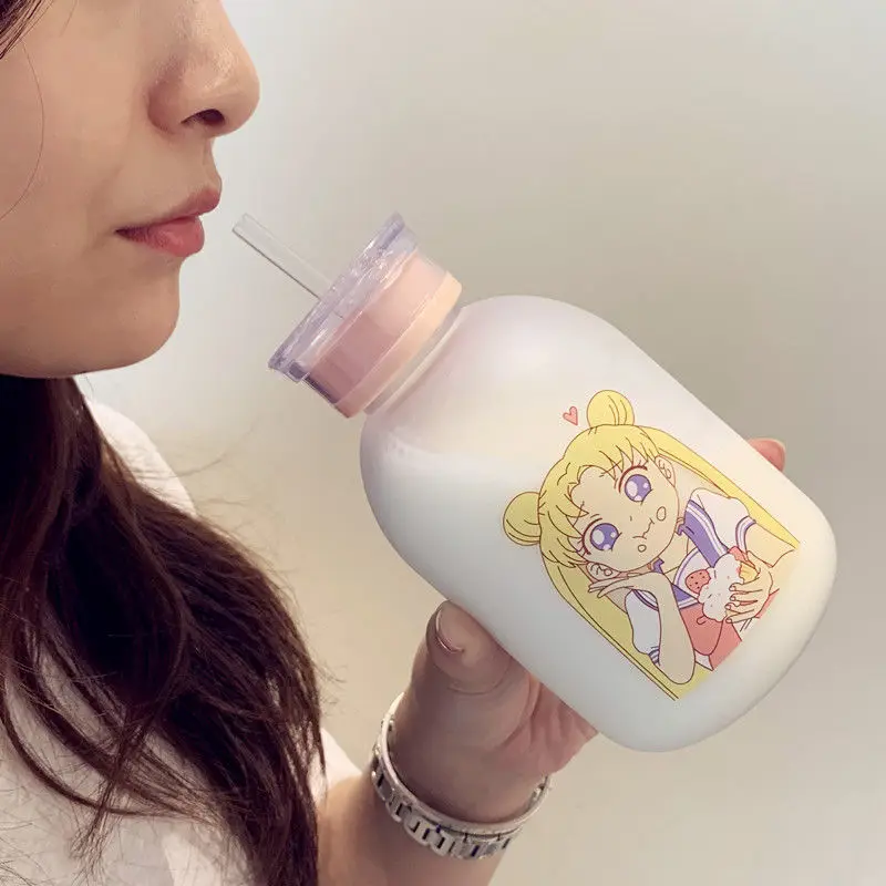 

RUIDA 0.5L Cartoon Frosted plastic Bottle Sailor Moon Transparent Glass Water Bottle Leak-proof Drinkware Cute Student Girl Gift
