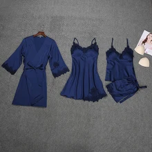 Женский сексуальный Шелковый Атласный халат+ платье+ пижамный комплект 4 шт. кружевной халат ночная рубашка комплект одежды для сна на лето и весну ночное белье для женщин