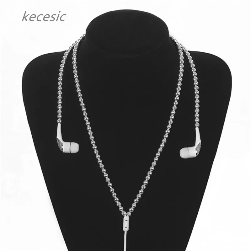 

Fashion Bling Diamond Pearl Necklace Earphone 3.5mm Plug In-ear Hi-Fi Wired Stereo headset With Mic kecesic For Smart Phone