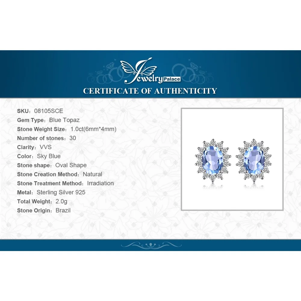 JewelryPalace Принцесса Диана Уильям Kate 1.2ct натуральный голубой кольцо с топазом серьги