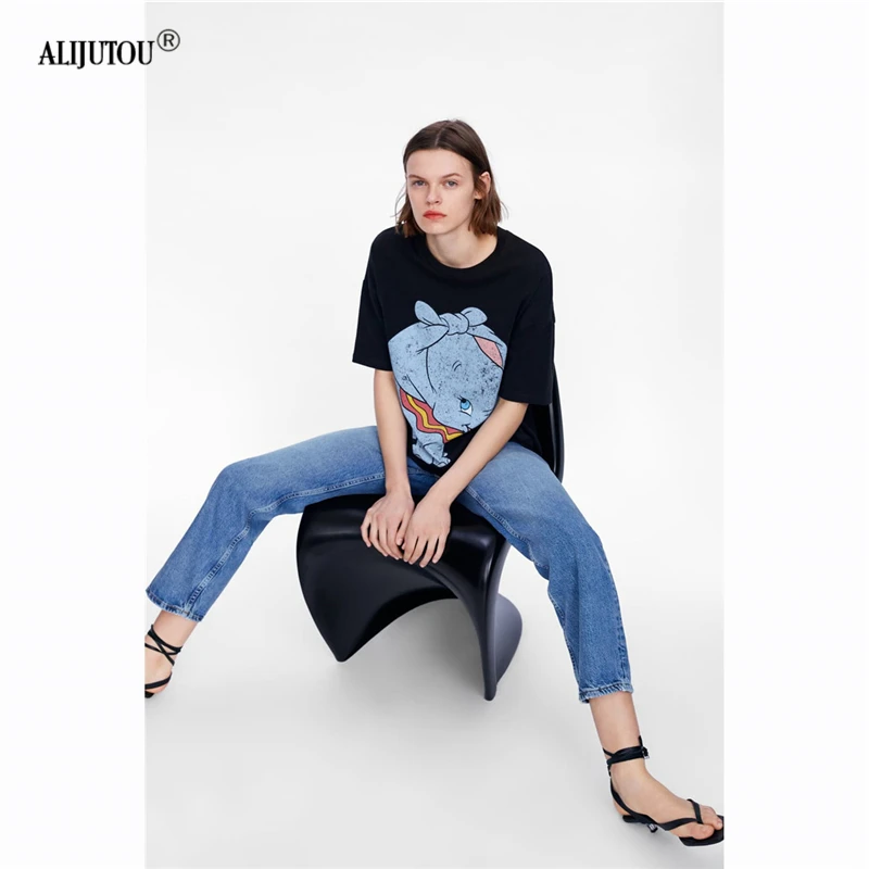 2019 zaraing Dumbo Woman t shirt Spring Summer Girls Print Short Sleeve O Neck Cotton Women Top Slim Fit Soft Quality Tops Tee