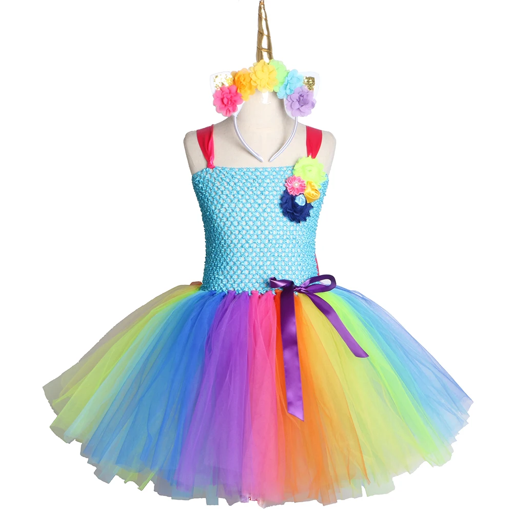 Rainbow Unicorn Girls Tutu Dress Tulle Flower Baby Girl