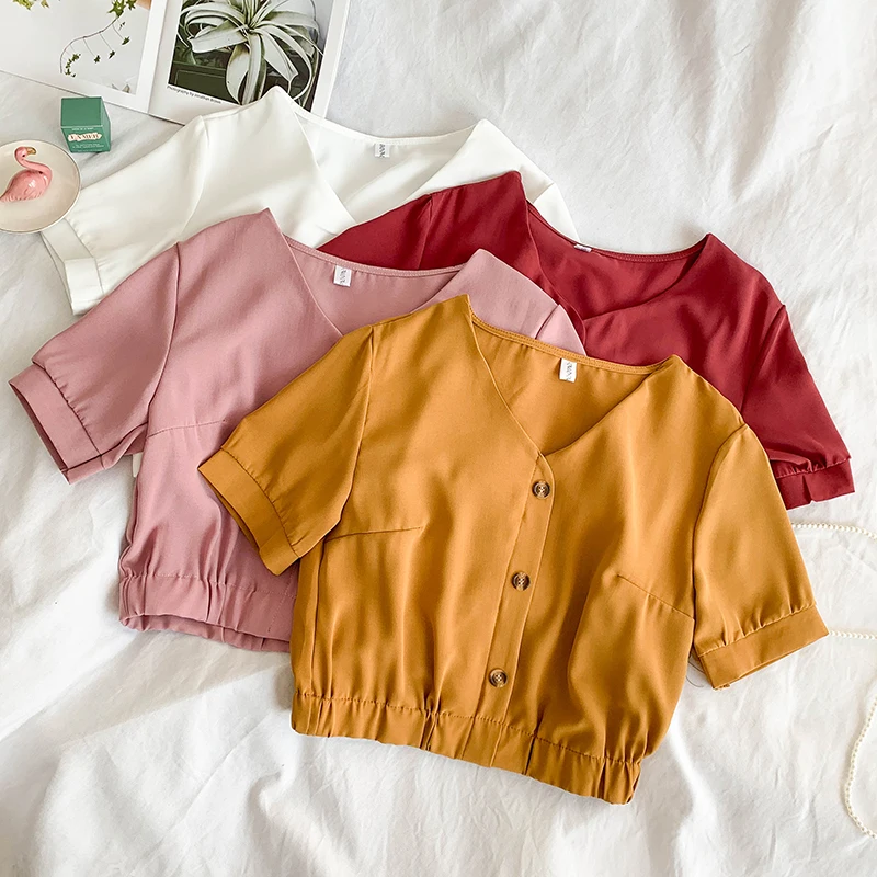 

Women Pure Color V-neck Shirt Single-breasted High Waist Short Crop Tops Chiffon Blouse E367