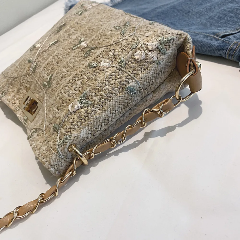 

Women Simple Straw Bag Lace Chain Messenger Bag Fashion Shoulder Bag