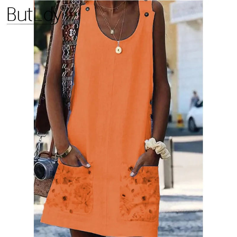 Floral Print Pockets T Shirt Dress Women Summer 2019 Sleeveless Jumper Dress Large Plus Size 4XL Loose Cotton Linen A Line Dress