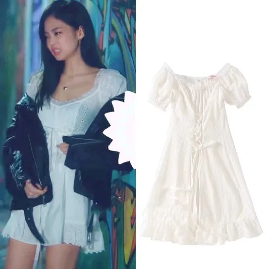 

kpop Blackpink JENNIE 2019 summer korean slim one word shoulders white fairy dress women streetwear sweet dresses girls clothes