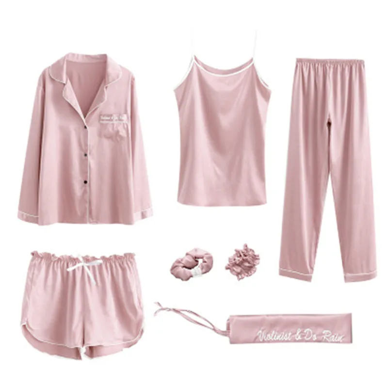 Для женщин пижамный комплект 7 шт./компл. длинные штаны стильная футболка из искусственного шелка атласных строчек пикантные полосатый Женский Pjs летний топ, одежда для сна - Цвет: Simple Pink