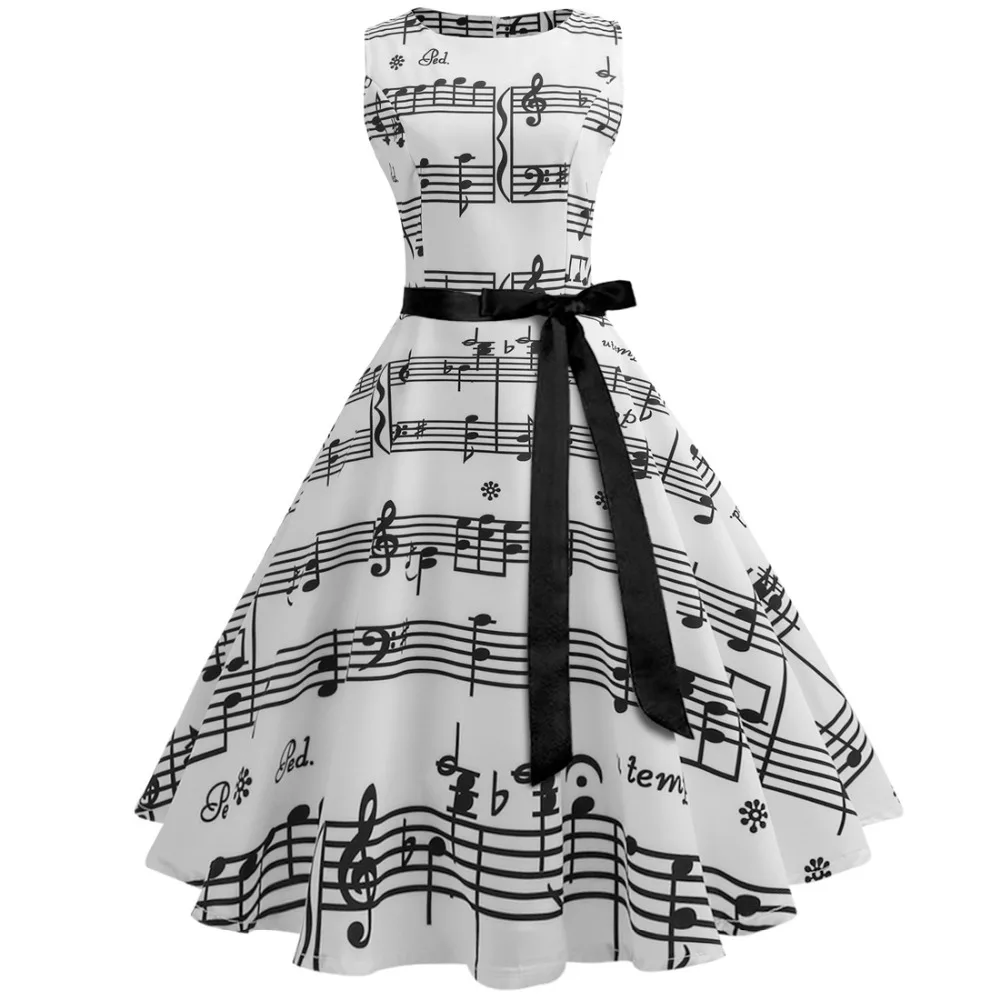 

Musical Note Vintage Dress Elegant O-neck Party Sleeveless Prom Swing Dress Belt Decoration Dresses Plus Size S-2XL