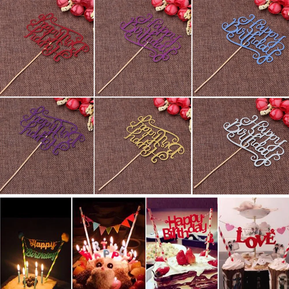 1Pc Dazzling Happy Birthday Letter Insert Card With Stick Cake Topper 
