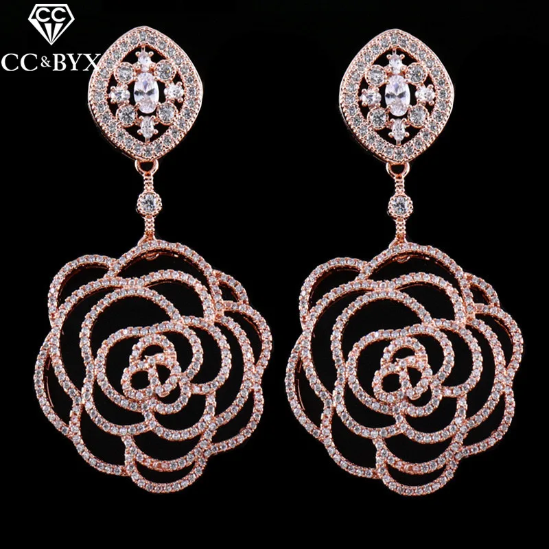 

CC stud earrings for women cubic zircon high quality hollow design wedding accessories bride engagement jewelry rose shape E0069