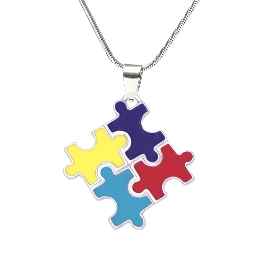 

Custom Design Available Raise Awareness Disease Jigsaw Puzzle Piece Autism Charm Necklaces In Snake Chain With Bail For Autistic