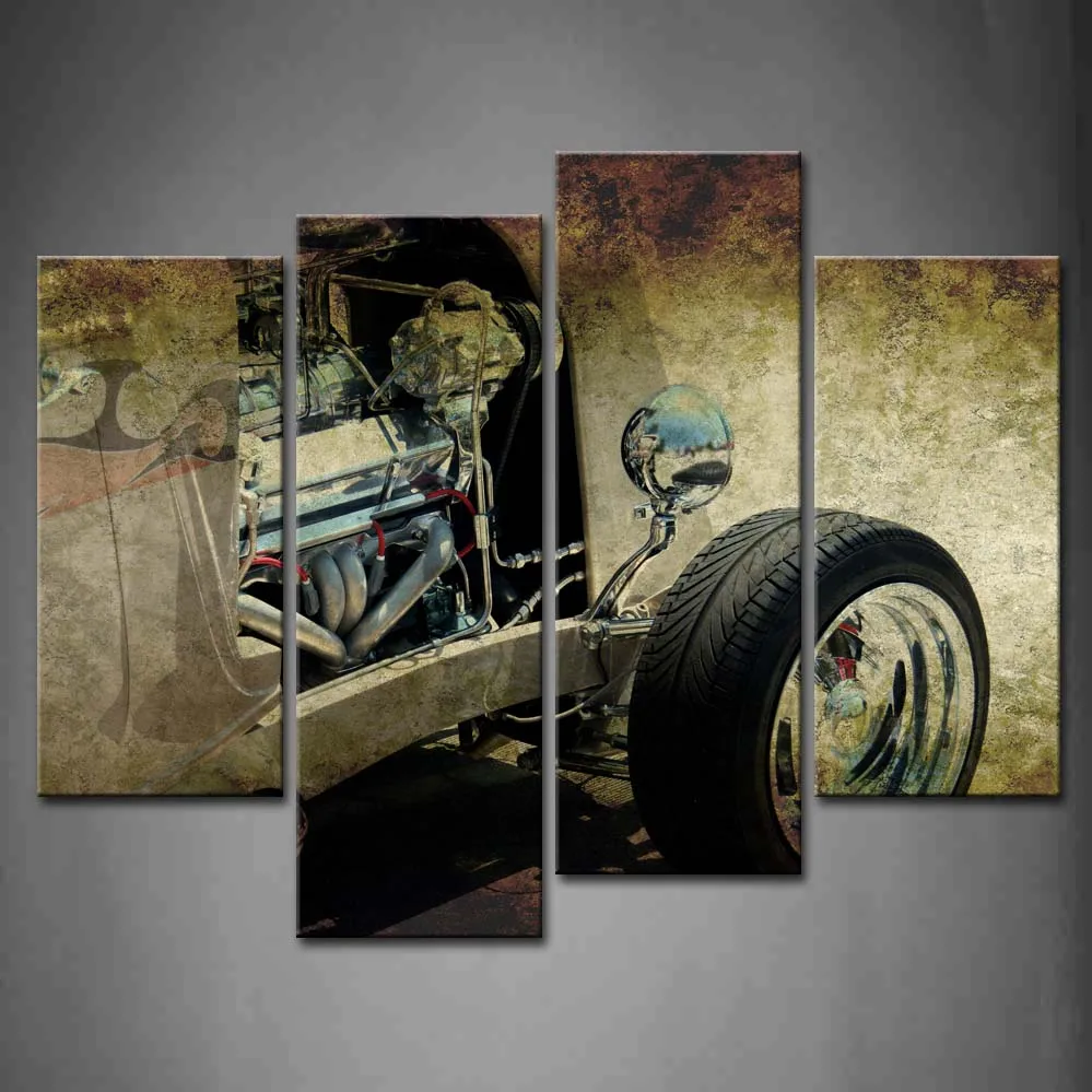 

4 Pics Framed Wall Art Picture Hot Rod Old Car Canvas Print Artwork Car Modern Posters With Wooden Frames For Decor