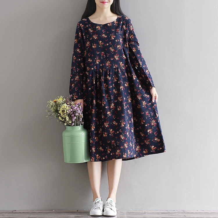 

Spring Autumn Lady Vintage Dress 2019 Women Long Sleeve Floral Print Cotton and Linen Dresses M-XXL