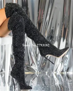 

Women Bling Bling Pointed Toe Black Rhinestone Thin Heel Over Knee Boots Crystal Metal Stiletto Heel Long High Heel Boots