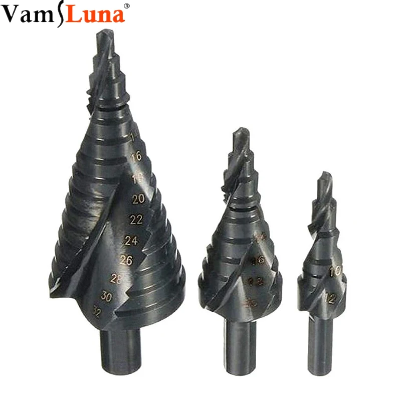 

3PCS/Set HSS Titanium Nitride Coated Cone Spiral Step Drill Bit Kit Metal Hole Cutter Power Tools 4-12/20/32mm