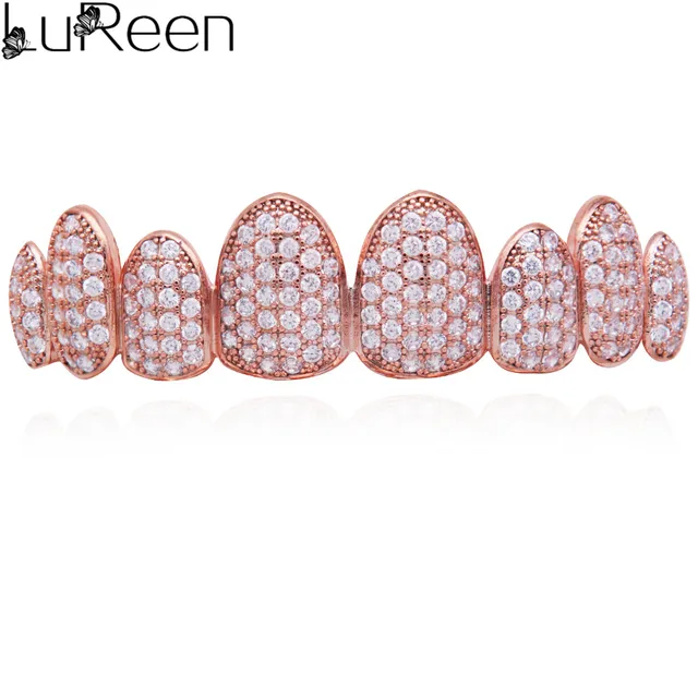 LuReen Iced Out Grillz Vampire Fangs Grillz Top Bottom Gold Teeth Hip Hop Tooth Caps CZ Crystal Bling Grillz Rapper Jewelry pink top
