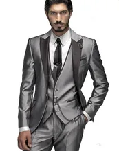 Three Pieces Hot Sale Custom Made Groom Tuxedos Silver Wedding Party Suit Dinner Suit Groomsman Suit ( jacket+Pants+vest+tie)