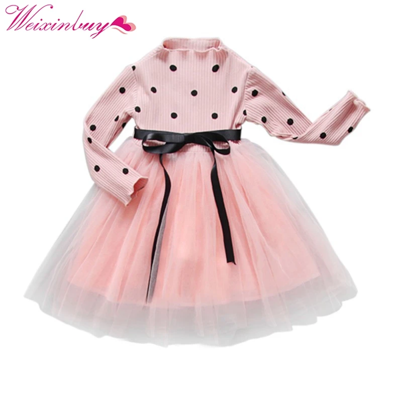 

Baby Girl Bow Crochet Knit Dress Kids Long Sleeve Party Wedding Pageant Tulle Tutu Dresses