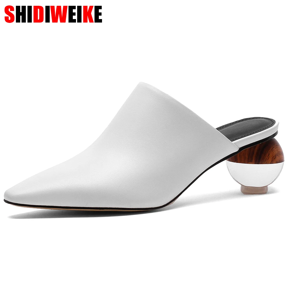 

women slippers real cow leather shoes woman pointed toe mules shoes strange heels sheepskin summer pantoufle g194