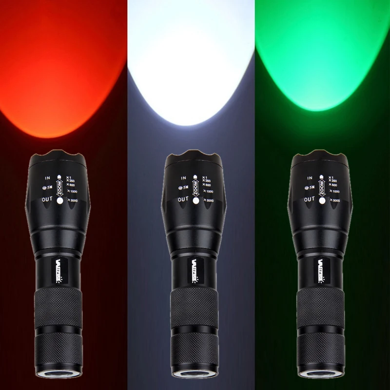 Белого, зеленого и красного цвета и возможностью регулирования интенсивности и дальности свечения 5000 люмен светодиодный тактический вспышки светильник XM-L T6 светодиодный регулируемый фокус фонарь охота светильник наивысшей мощности Фонарь