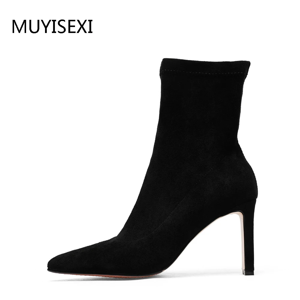 

High Quality Elastic Flock Tube Ankle Boots Pointed Toe Slip-On Sexy High Heel Autumn Boots For Women JD03 MUYISEXI