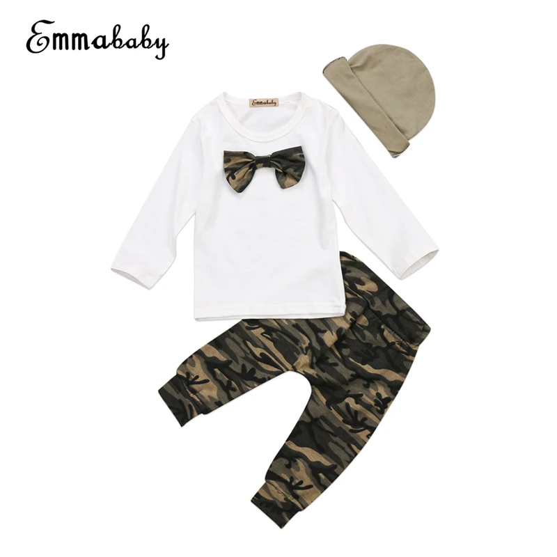3Pcs Set Baby Boy Gentleman Clothes Newborn Baby Boys T Shirt Tops Camo