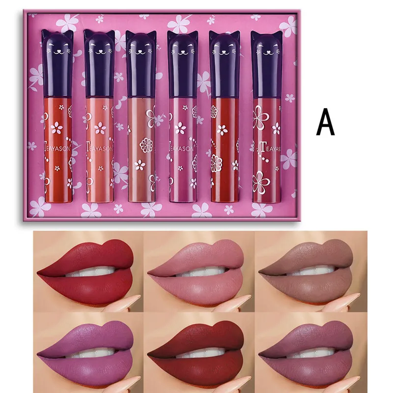 6pcs/set Matte Lip Gloss Cute Cat Shaped Lipstick Set Not Fade Waterproof Lip Gloss Nude Velvet Lips Sexy Lip Glaze Cosmetic