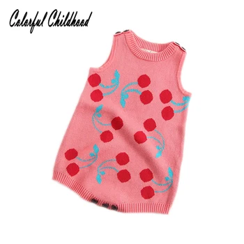 

Sweet cheery embroidery romper baby girls sleeveless jumpsuit cotton knitted overalls children autumn winter clothing set