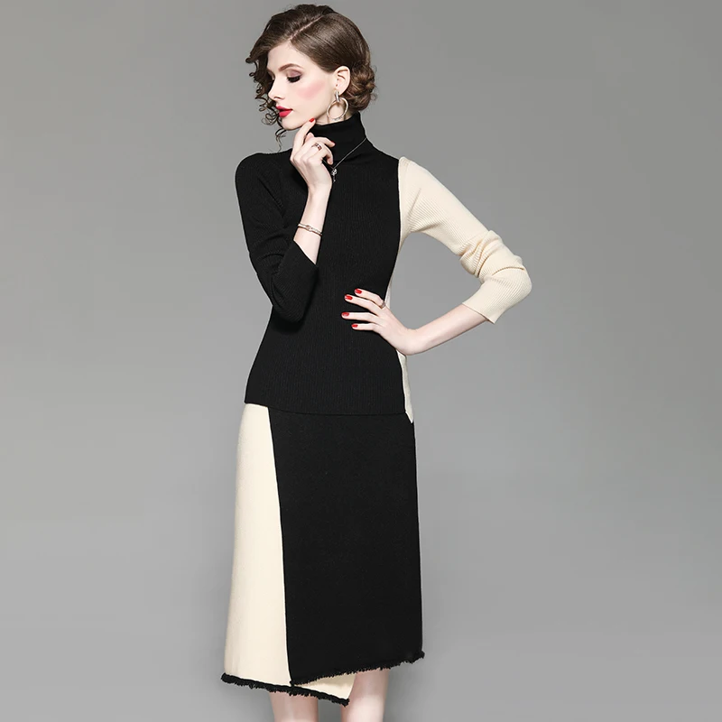 Осенне-зимний женский комплект одежды, открытая водолазка с открытыми плечами, черный, бежевый свитер в стиле пэчворк+ юбка выше колена