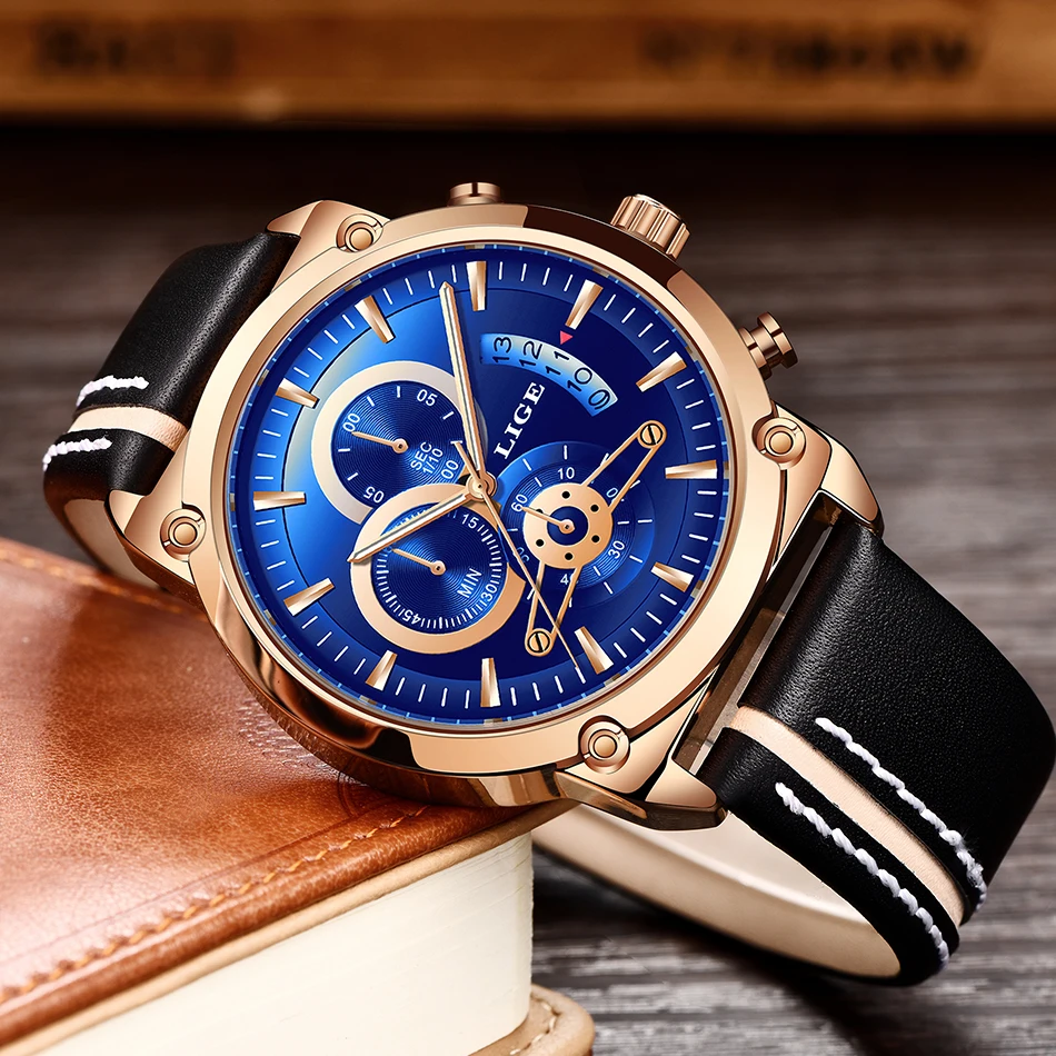 Reloj Hombre LIGE новые мужские синие золотые мужские наручные часы повседневные кожаные аналоговые кварцевые часы для мужчин Военный Спортивный Хронограф