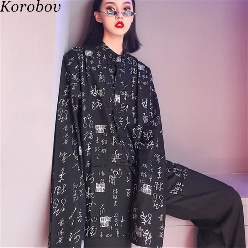 

Korobov Harajuku Women 2019 New Arrival Blouse Vintage Chinese Print Shirts Long Sleeve O-Neck Female Blusas Buckle Shirt 76352