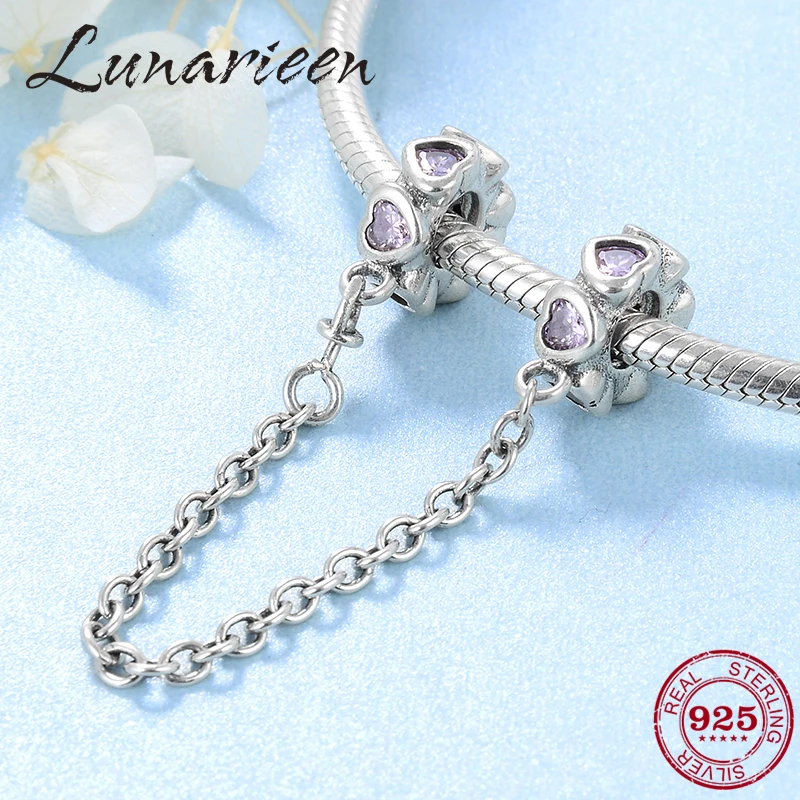 

Real 925 Sterling Silver Bead Pink heart Safety Chain Charm diy for fashion Fit Original Pandora Charms Bracelet Jewelry making