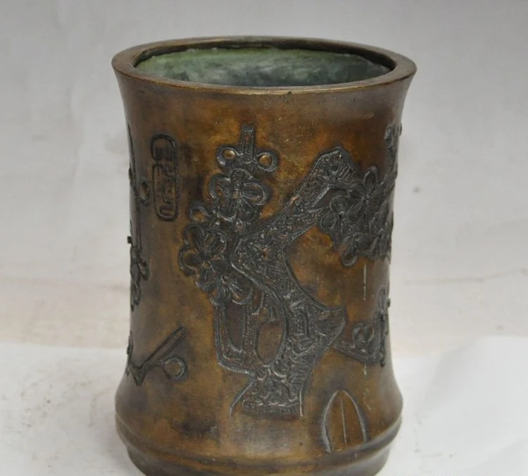

6"marked old china chinese bronze Plum flower lucky statue brush pot pencil vase