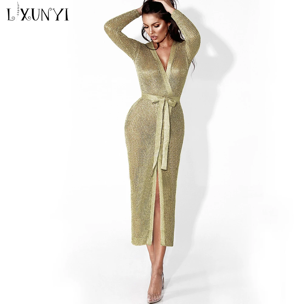 LXUNYI 2019 Thin Hollow Out Gold Knitted Cardigan Women Sashes Open Stitch Femme Tricot Long Cardigans For Sleeves |