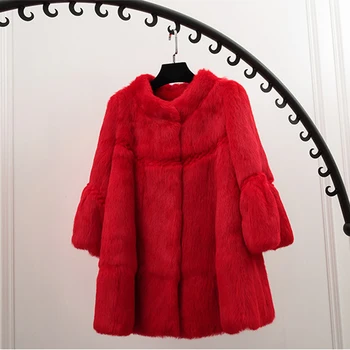 

Elegant stand collar wave cut full pelt natural rabbit fur coat outerwear women's autumn winter 2018 loose genuine fur jacket