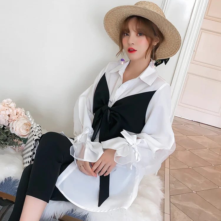 XL-5XL размера плюс, Женская белая блузка, осень, корейская мода, большой бант, широкие рукава, Свободный Повседневный Топ, женские длинные рубашки