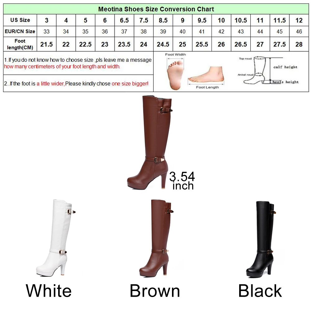 Meotina/женские зимние сапоги; сапоги до колена; сапоги на платформе и высоком каблуке; пикантная Женская Осенняя обувь на молнии с пряжкой; цвет белый; большие размеры 42-43
