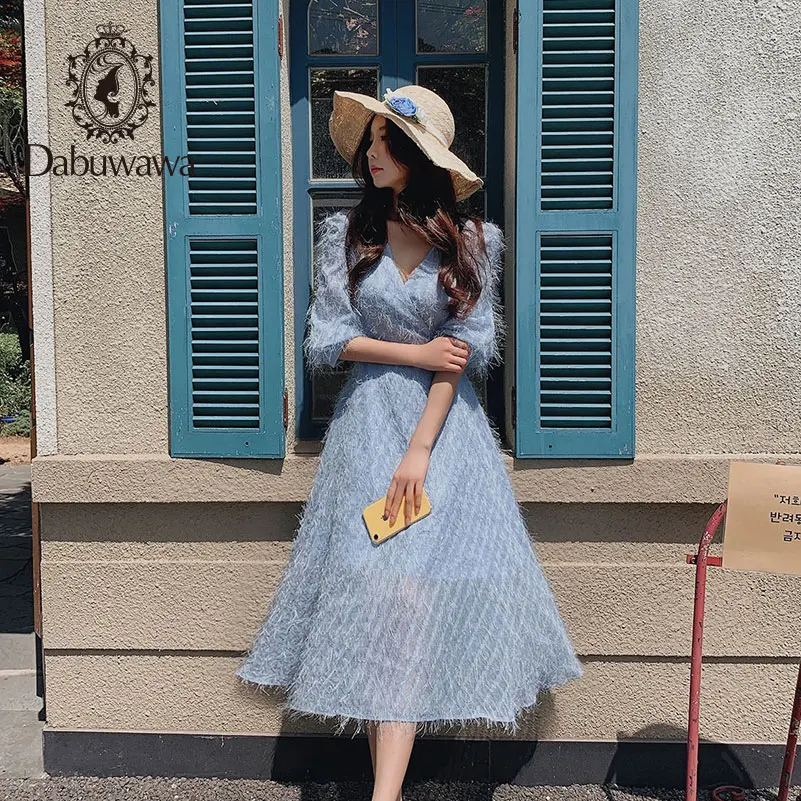 Dabuwawa Sweet V-Neck Maxi Dress Women Elegant Tassel Sweet Slim Long Fit and Flare Dress Female Lantern Sleeve DN1CDR044 Dabuwawa Sweet V-Neck Maxi Dress Women Elegant Tassel Sweet Slim Long Fit and Flare Dress Female Lantern Sleeve DN1CDR044