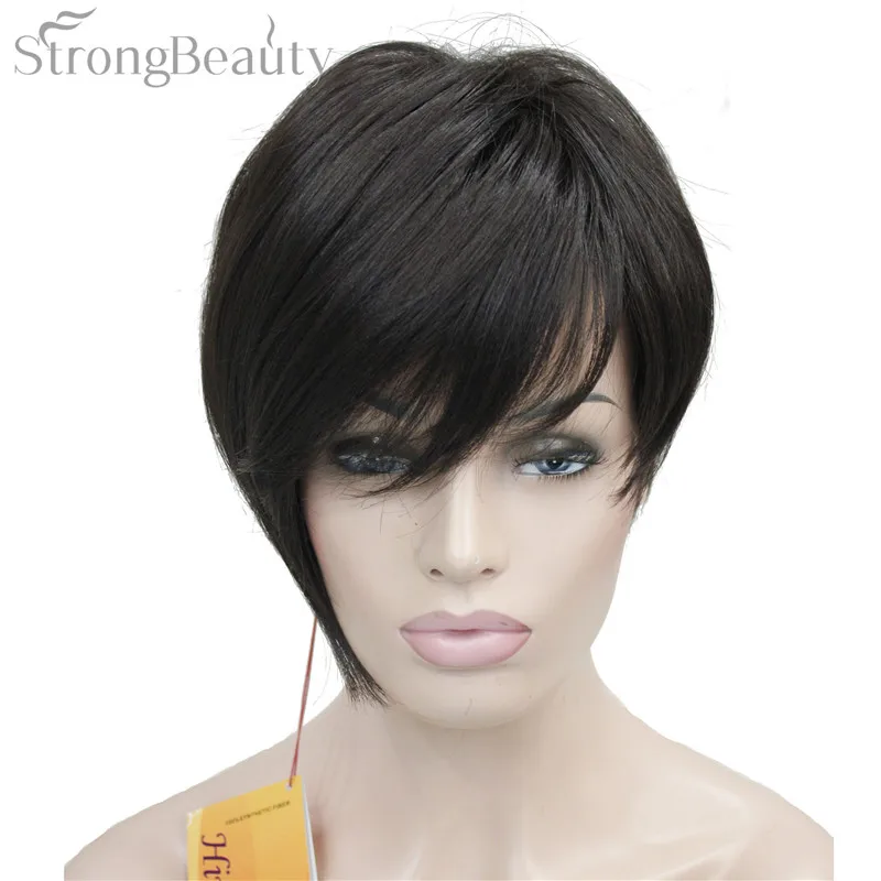 

Strong Beauty Asymmetric Inclined Bangs Short Straight Bob Natural Synthetic Capless Full Wig For Women