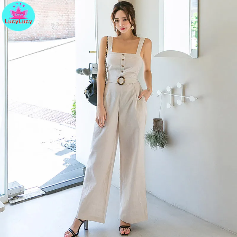 

2019 summer new Korean temperament belt waist retro wide leg was thin fashion straps jumpsuit Sashes Solid Regular