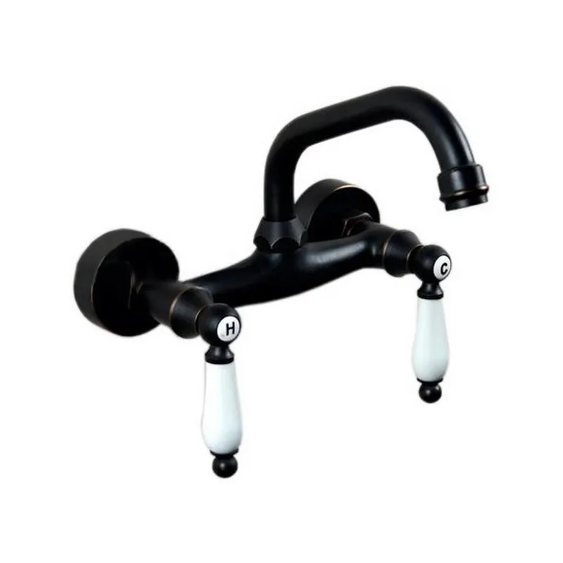 Black Oil Rubbed Bronze Wall Mounted Dual Porcelain Handles Kitchen Bathroom Vessel Sink Faucet Mixer Taps ahg001
