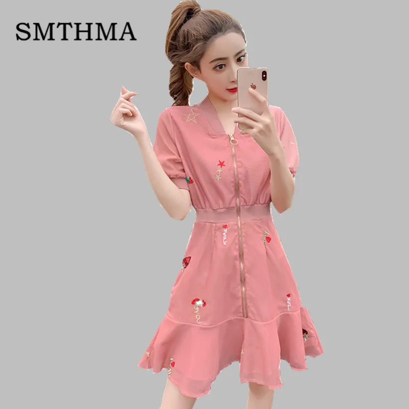 

2019 Women Summer Dress Sexy V Neck Embroidery Letter Gauze Dress High Waist Dresses
