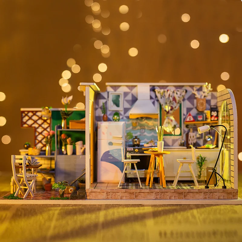 DIY Doll House Furnitures Miniature Doll house Dust Cover Wooden Dollhouse Light Handmade House Slow Life Beginner Player